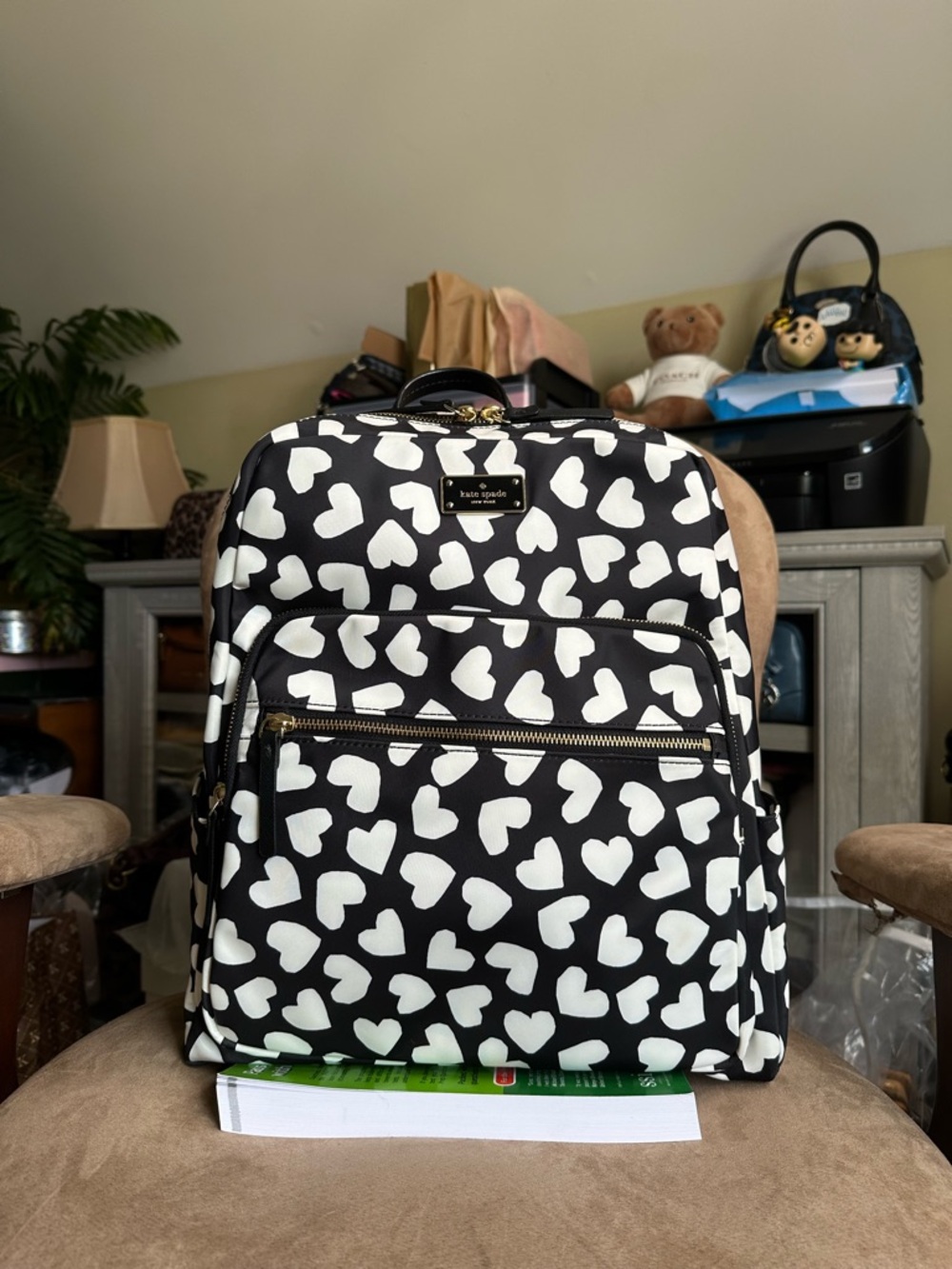 kate spade Black & White Heart Print Nylon Large Backpack in Very Good Condition